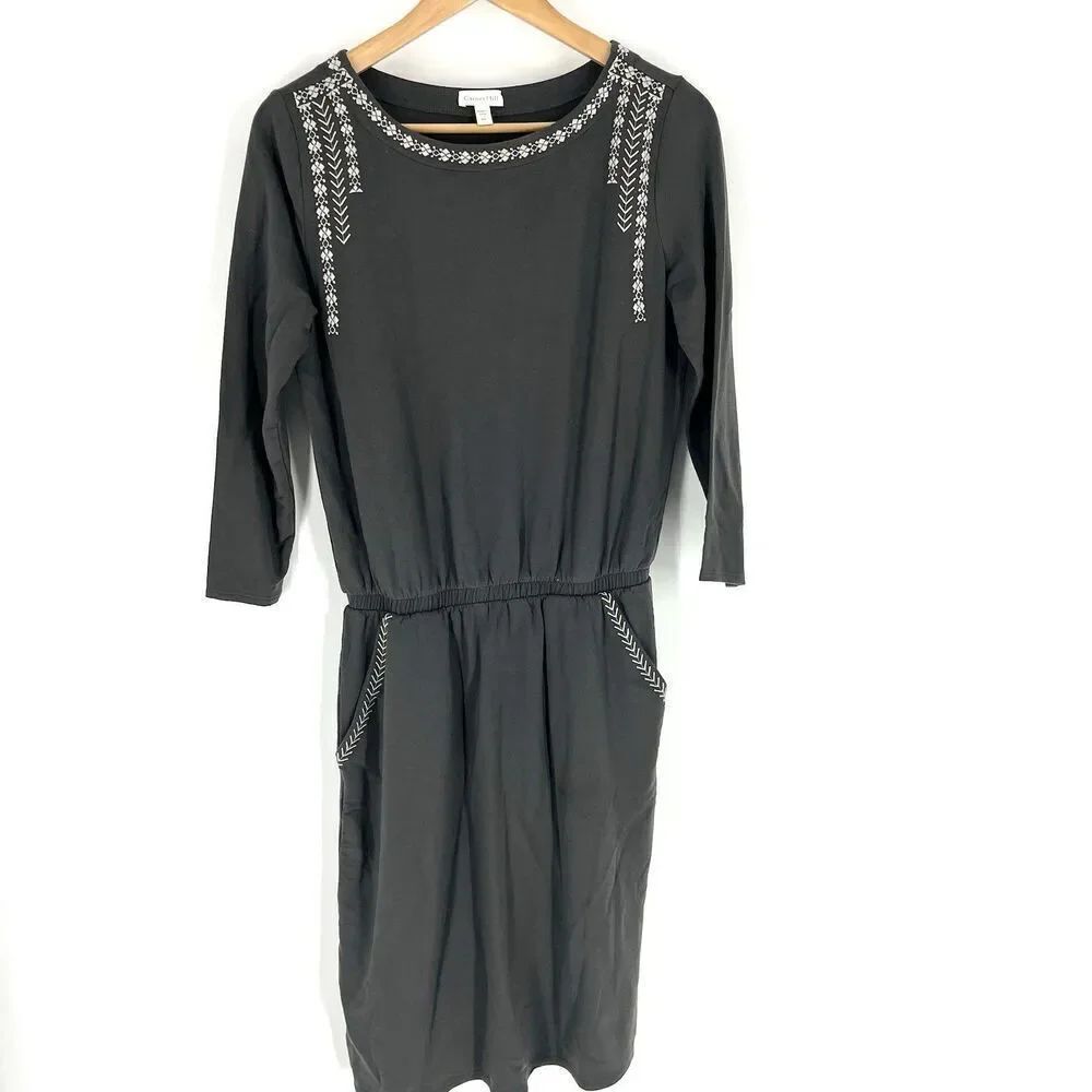 Garnet Hill Dress Size XS Womens Gray Embroidered Pocket Detail Knit Day Terry